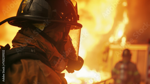 Firefighter in full gear bravely faces a blazing inferno, embodying heroism in action.