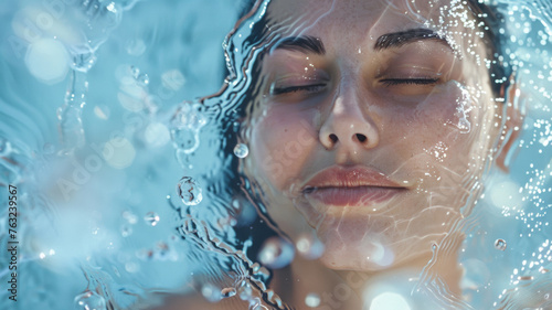 Woman's serene face half-submerged in crystal-clear water, sensual aquatic tranquility.