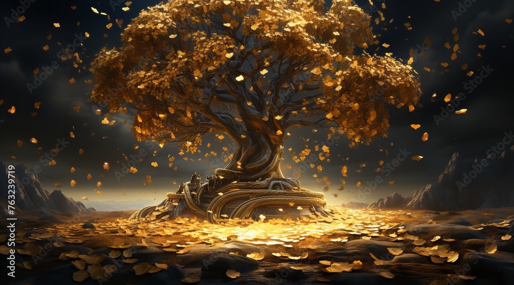 Golden Coin Tree Standing on the Ground - obrazy, fototapety, plakaty 