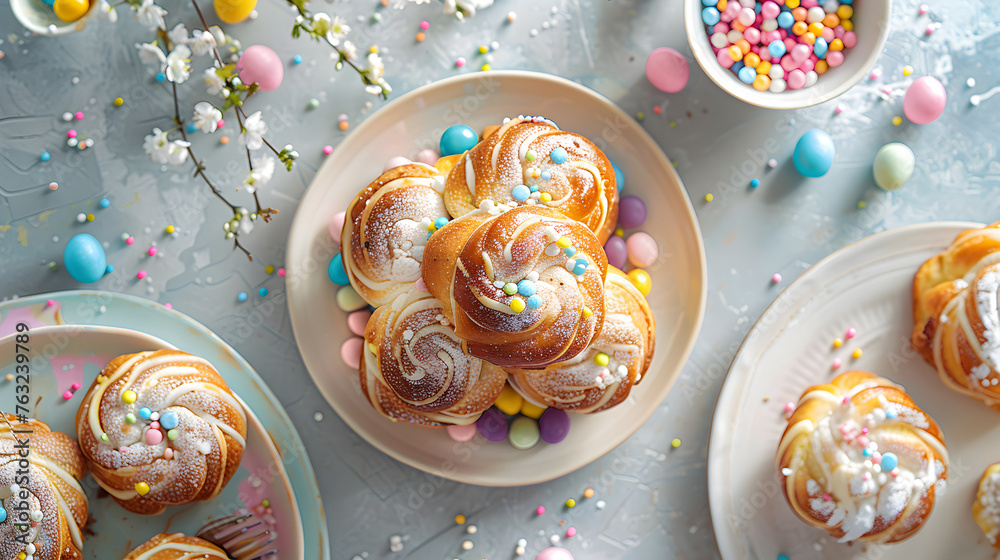 Traditional Easter cake with candied fruits and colored eggs. Cruffin cake decorated with sprinkles. Traditional festive baking. Greeting card or banner with copy space