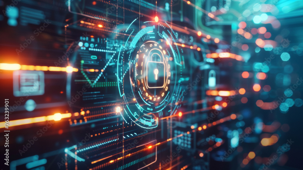 Futuristic digital security concept with a glowing padlock in a data center. Futuristic digital security concept with a glowing padlock in a data center.