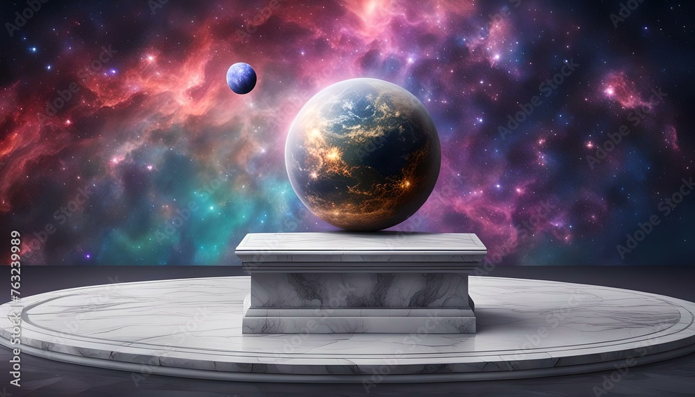 display plinth and globe against a cosmic nebula backdrop - obrazy, fototapety, plakaty 