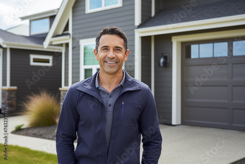 Smiling hispanic man in front of new modern house, real estate broker standing outside house or luxury life concept