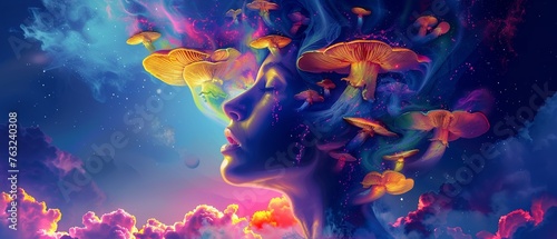 Mushrooms or fungi sprouting from the head of a woman in a vibrant and colorful artwork. photo
