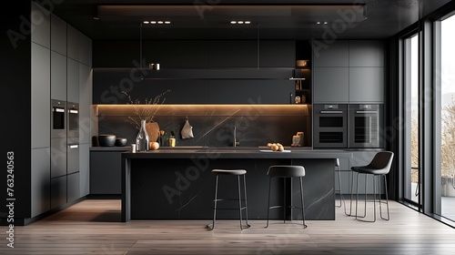 an AI-driven 3D model of a dark matte modern kitchen, emphasizing ergonomic design and efficient workflow for a practical and stylish cooking environment