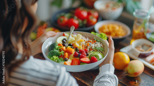 A person enjoying a plate filled with colorful fruits, vegetables, and whole grains. Shot from behind, it's a visual ode to healthy living and culinary delight.
