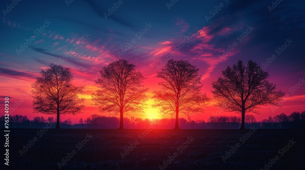 Sunset silhouette of trees against a vibrant sky