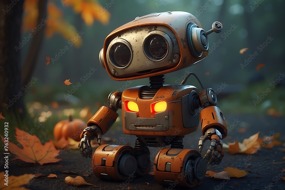 A small, cute robot sitting among fallen autumn leaves in a forest Generative AI A small, cute robot sitting among fallen autumn leaves in a forest Generative AI