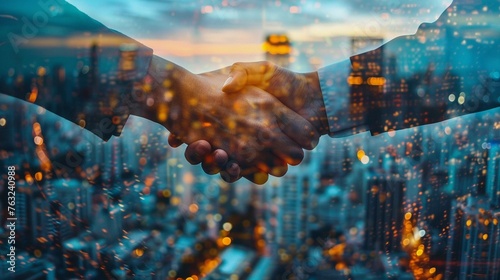 Cityscape Handshake: A Double Exposure Highlighting Urban Growth and Collaborative Success (Ultra Realistic Photography)
