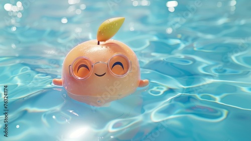 A charming animated peach wearing round glasses and smiling gently while floating in a sparkling pool.