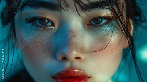 Young Japan woman with beautiful bright brown eyes with shining blue shadows, beige lipstick and expressive eyebrows, pitted look of colored paper, fashion, beauty, make-up, cosmetics, salon style