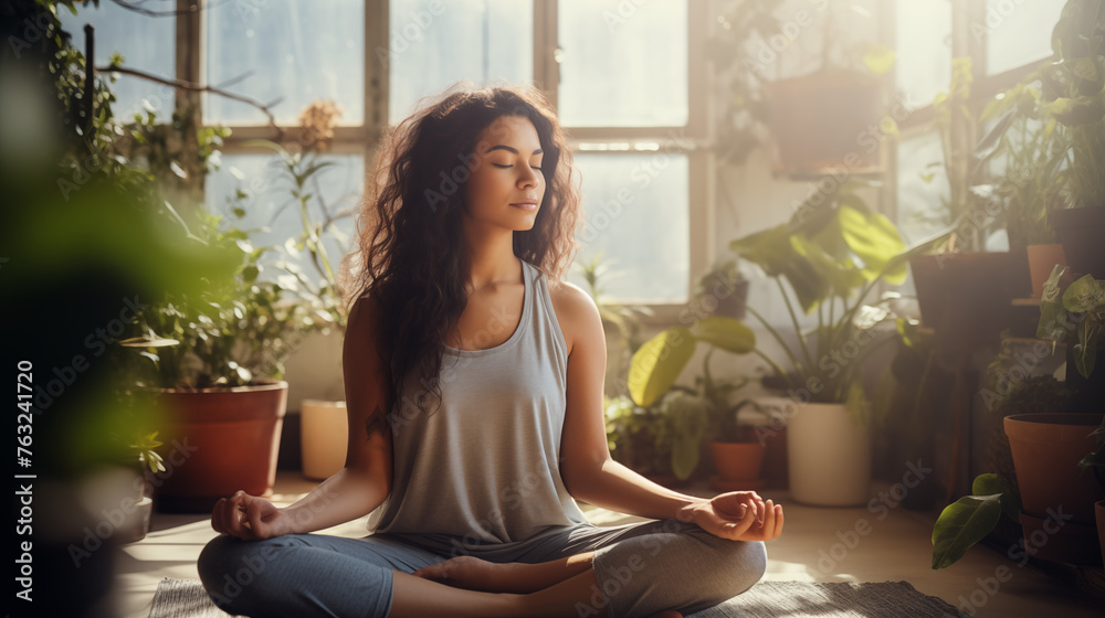 Serene Meditation in a Sunlit Room Full of Plants