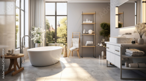 A bathroom with a white bathtub, a wooden chair, and a potted plant. The bathroom is clean and well-lit, creating a relaxing and inviting atmosphere © Bouchra