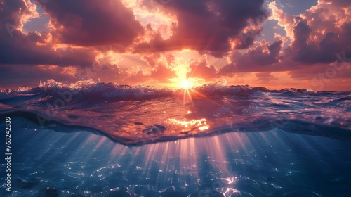 Sunbeams illuminate ocean waves in a captivating underwater scene against a vibrant sunset sky. Concept Underwater Photography, Ocean Waves, Sunbeams, Sunset Sky, Vibrant Colors © Anastasiia