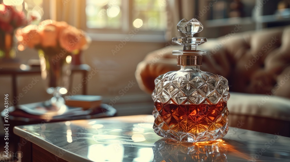 A whiskey decanter in a gentleman room. Generative AI. A whiskey decanter in a gentleman room. Generative AI.