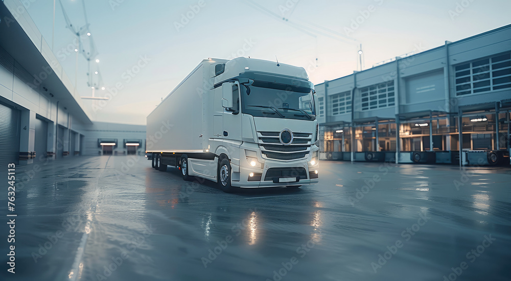 White modern truck with white freight trailer, the truck to be at a loading ramp. Generative AI. White modern truck with white freight trailer, the truck to be at a loading ramp. Generative AI.