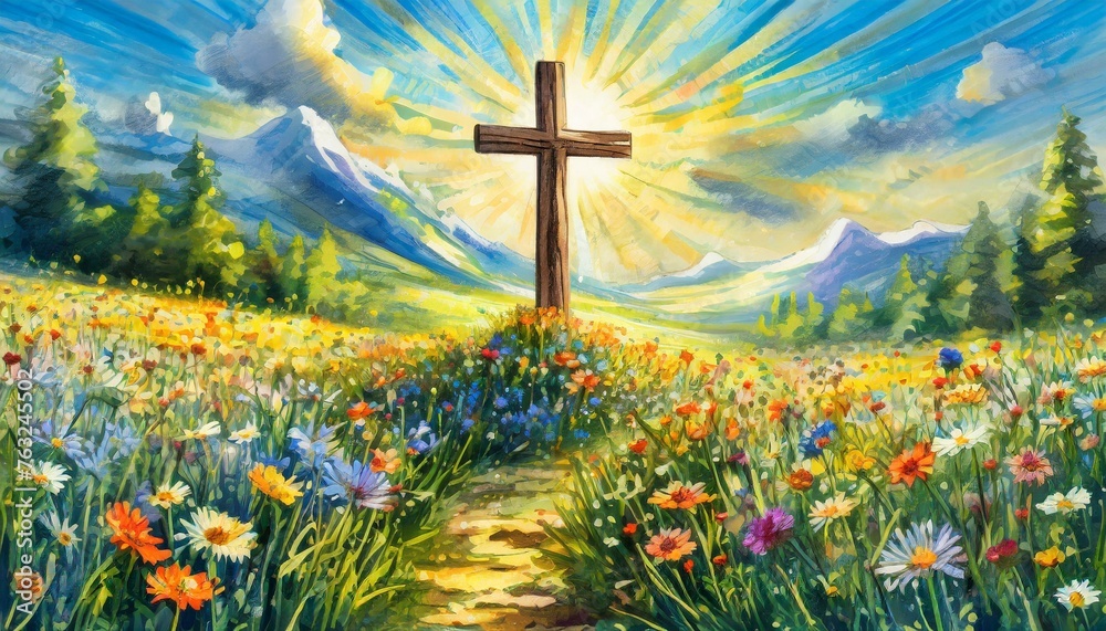 Wooden Cross Amidst a Field of Wildflowers. Wooden Cross Amidst a Field of Wildflowers.