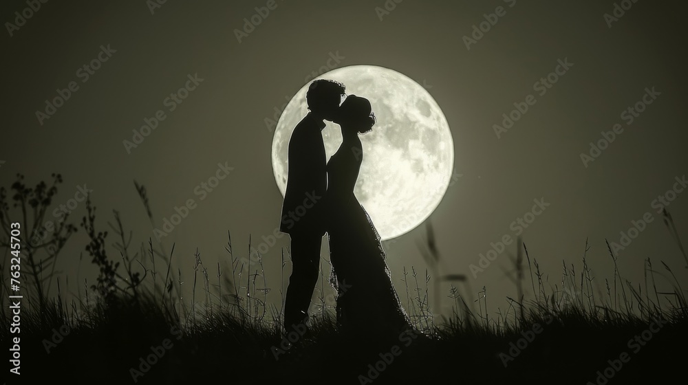  Silhouette of a couple in  first kiss by the moon