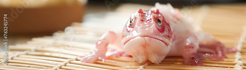 Raw sashimi in the guise of a chameleon carefully placed on a bamboo mat