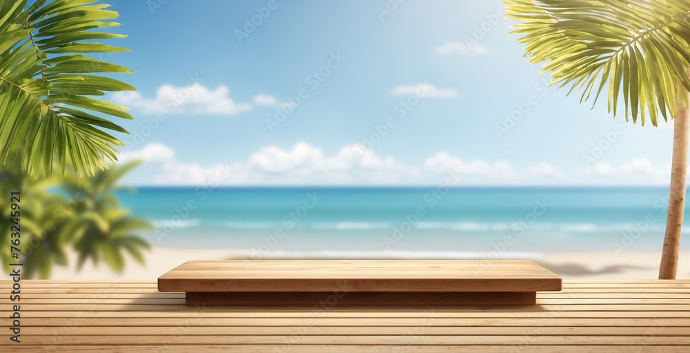 empty podium board decorated with tropical plants on beach background