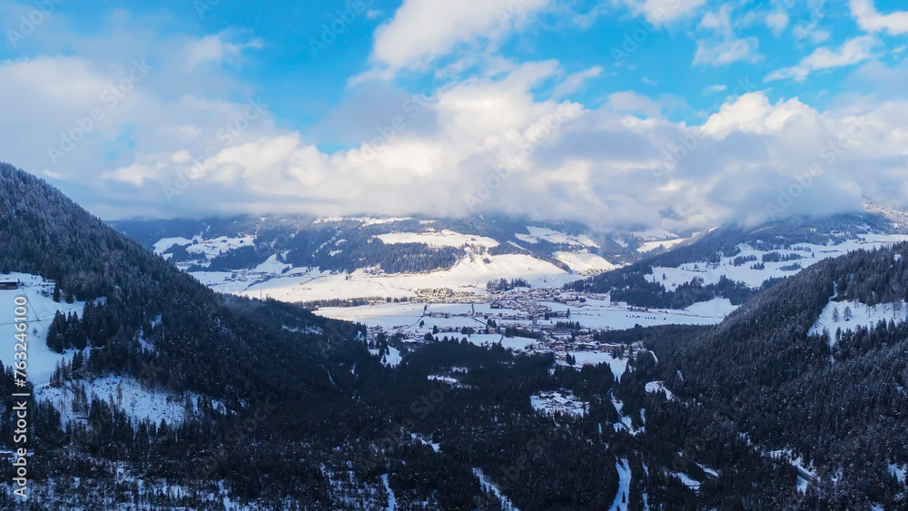 Various landscapes of Italian Dolomite region under snowfall in winter season