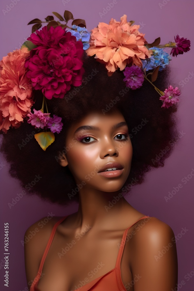 Naklejka premium Young woman with an afro hairstyle, with vibrant flowers on her head, adding a touch of natural beauty and elegance to her look. Concept: connection with nature, femininity.