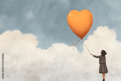 A woman letting go of a symbolic heart-shaped balloon, depicting the release of grief and the recognition of loss, while embarking on a journey towards healing and remembrance photo