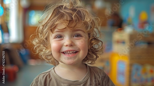Happy young child boy  in an kindergarten playing together