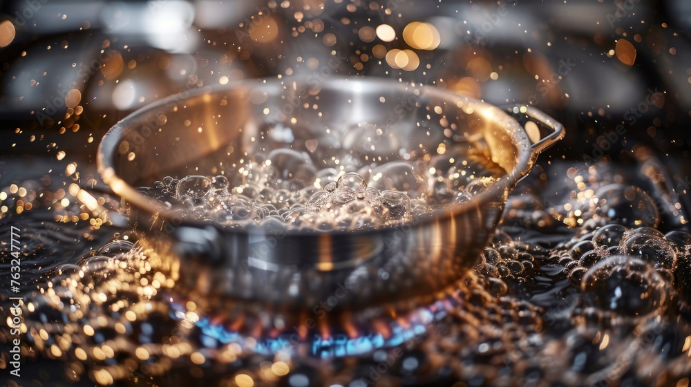 Vigorous bubbles in a shiny metal pot heating on a modern cooktop. Enthralling brilliance of boiling water amidst a warm glow Vigorous bubbles in a shiny metal pot heating on a modern cooktop. Enthralling brilliance of boiling water amidst a warm glow