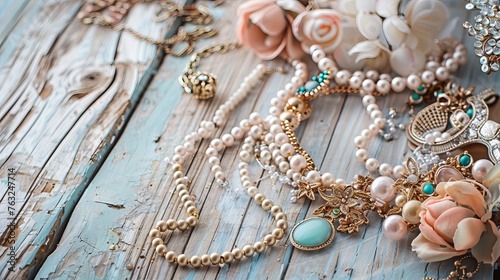 An arrangement of beautiful female jewelry and accessories displayed on a light wooden surface 