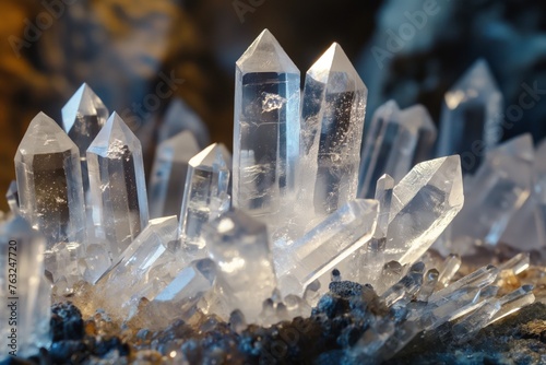 Macro shot of a naturally formed cluster of quartz crystals with luminous tips