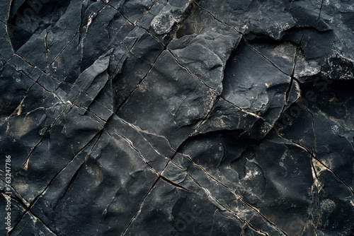 Close-up shot of rough. Rugged black stone texture with natural cracks and details on the surface. Creating a dark background with a monochrome. Outdoor appeal