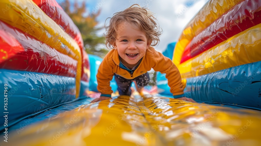 Fototapeta premium happy child boy laughing on inflatable bounce house