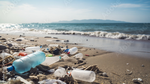 Environmental issues. Plastic waste on the seashore. 