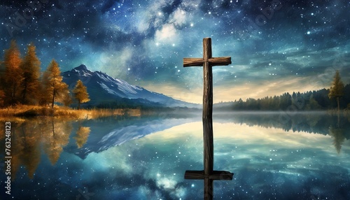 Wooden Cross in a Still Lake under a Starry Night