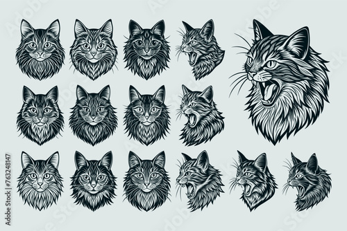 Bundle of detailed siberian cat head silhouette design vector photo