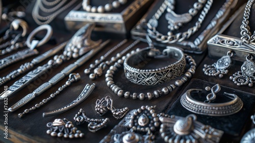 An assortment of silver jewelry, displaying the diverse designs and styles available 