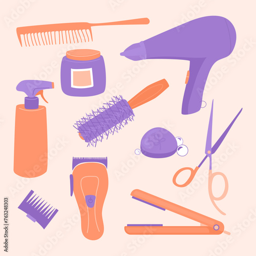 A set with items related to hair care in pale orange and lilac tones, including a hairdryer, hair straightener, combs and combing shields, solid shampoo, scissors and a clipper. A collection of items.