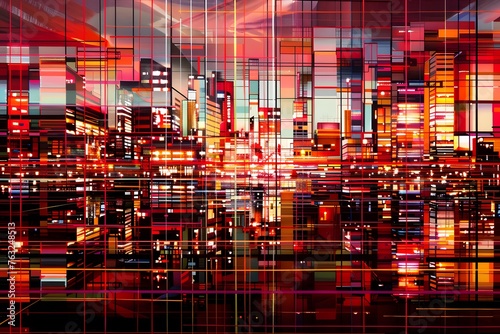 Abstract city nighttime urban cityscape with glowing skyscrapers background