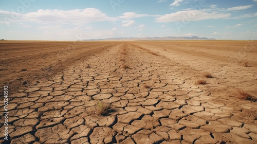 The vast, cracked earth fading into the horizon highlights environmental concerns or can be used to illustrate concepts of drought and climate change.