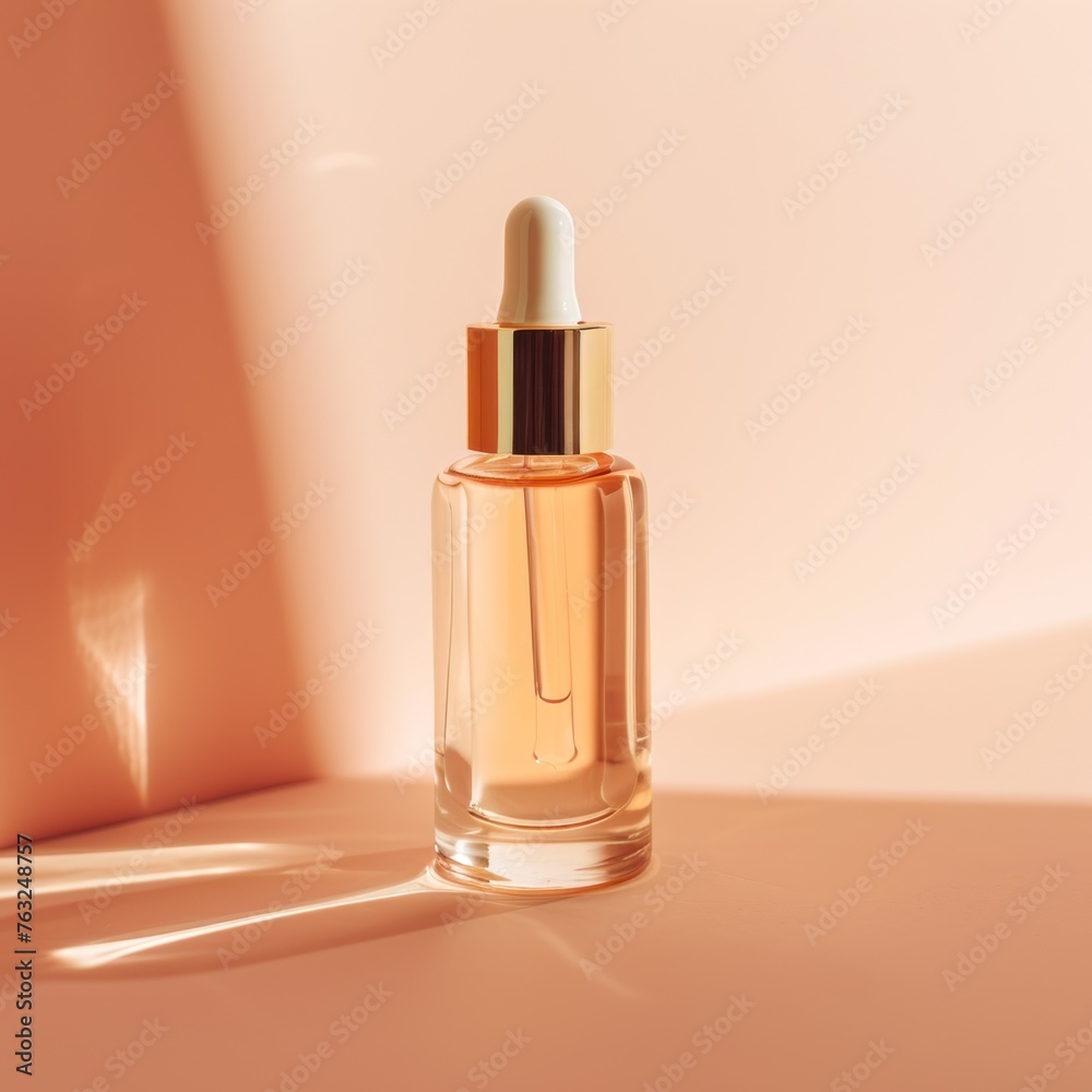 A sleek bottle of cuticle oil casts a warm glow on a peach-colored background, suitable for a minimalist product advertisement or beauty blog A sleek bottle of cuticle oil casts a warm glow on a peach-colored background, suitable for a minimalist product advertisement or beauty blog