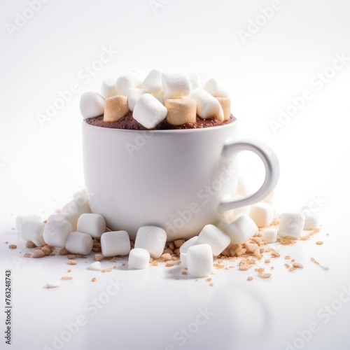 A white mug overflowing with marshmallows and hot chocolate, perfect for culinary presentations or cozy lifestyle imagery.