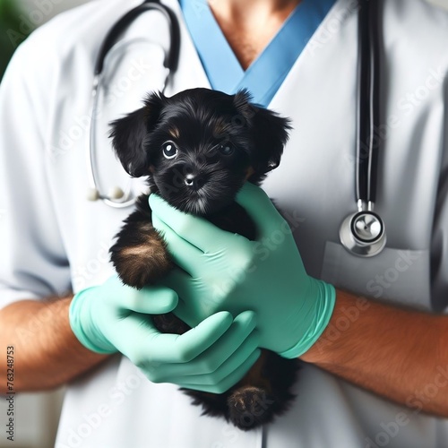 vue de proche,vétérinaire portant un petit chiot noir portant un stéthoscope autour du coup et des gans , pour un examen , qualité de l'image HD , 4K,8K  photo