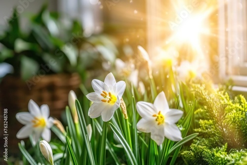 Blooming daffodils in sunlight, perfect for a garden magazine feature or symbolizing the onset of spring in visual media.