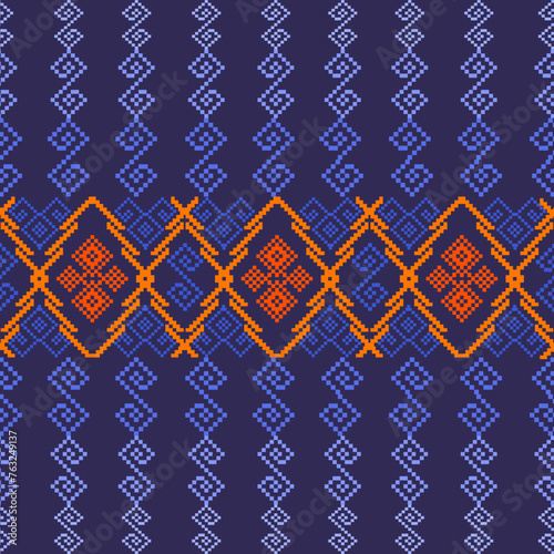 seamless pattern with shapes, traditional thai fabric, Fabric patterns, clothing, Thai ethnic sarongs Cross-stitch style in the Pixel Seamless Vector format, using geometric shapes arranged in various
