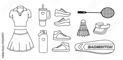 Outline doodle badminton women's equipment set	