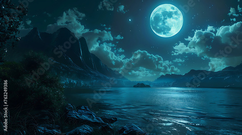 Moonlight night view at a beautiful fantasy unreal landscape. Generative Ai