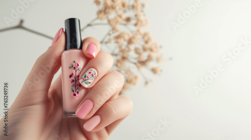 a floral design female manicure on nails close up in the photo photo