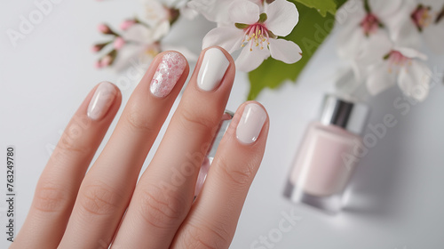 simple design female manicure on nails close up in the photo, white color fingernail