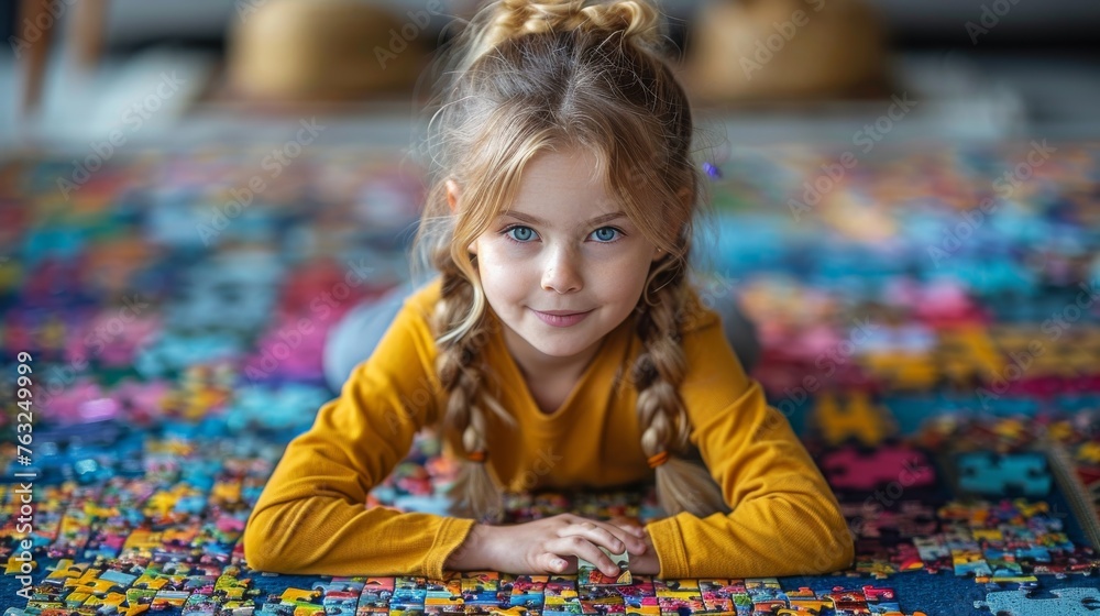 little girl sitting a floor and solving jigsaw puzzle